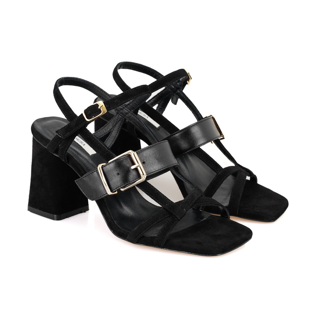 Kadın Siyah Topuklu Süet Deri Sandalet