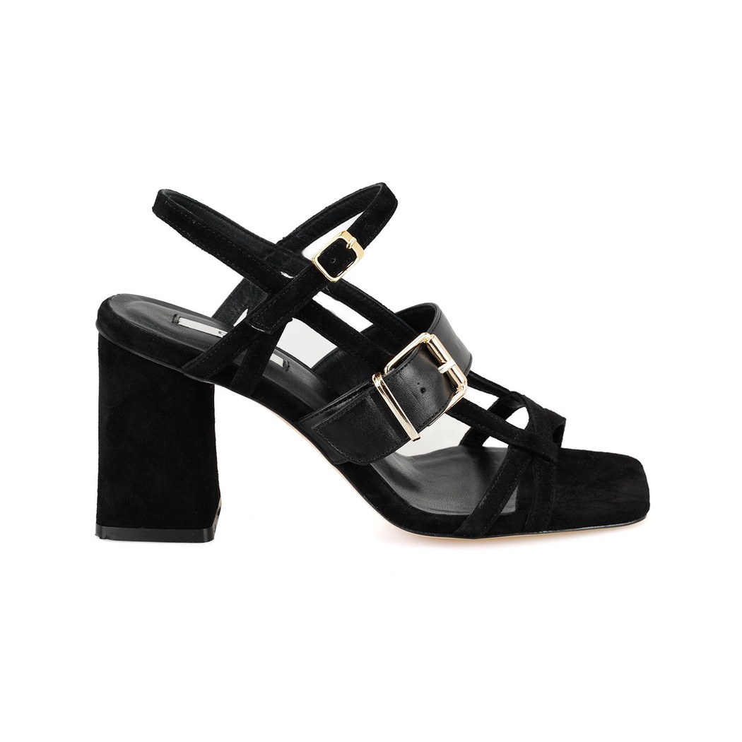 Kadın Siyah Topuklu Süet Deri Sandalet