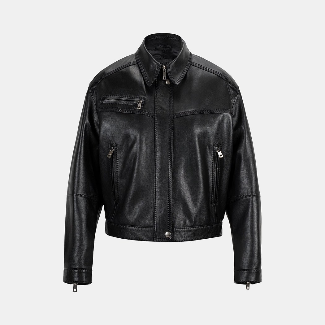 Kadın Siyah Yakalı Deri Bomber Ceket