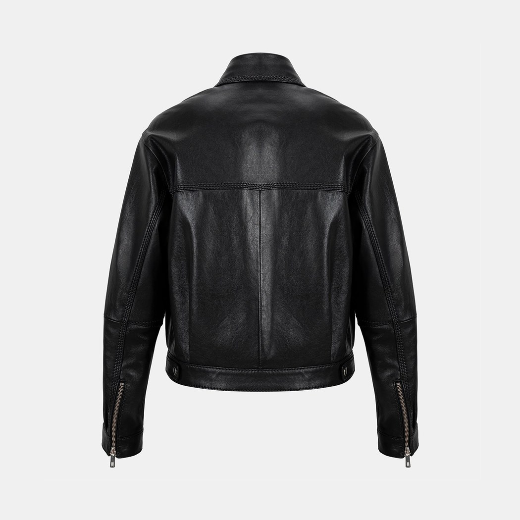 Kadın Siyah Yakalı Deri Bomber Ceket