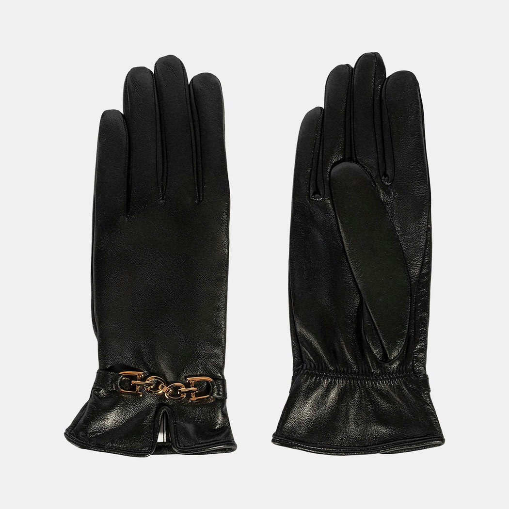Kadın Siyah Zincir Aksesuarlı Deri Eldiven
