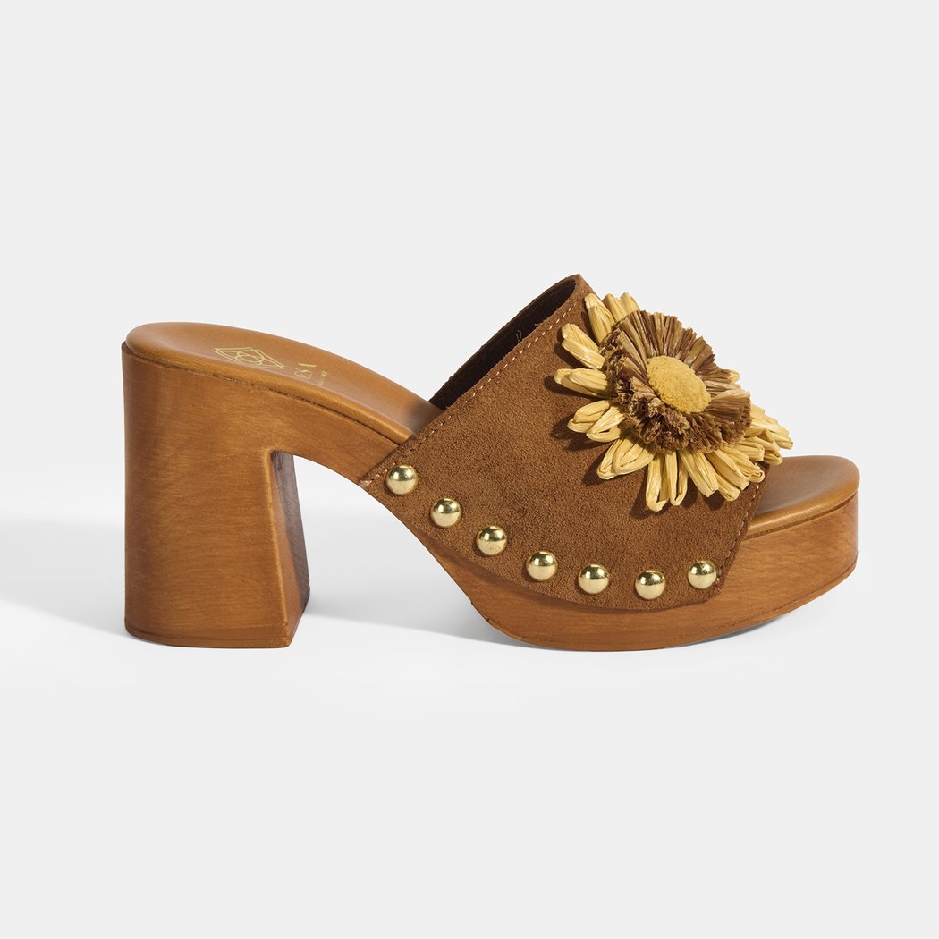 Kadın Taba Çiçek Aksesuarlı Süet Topuklu Terlik