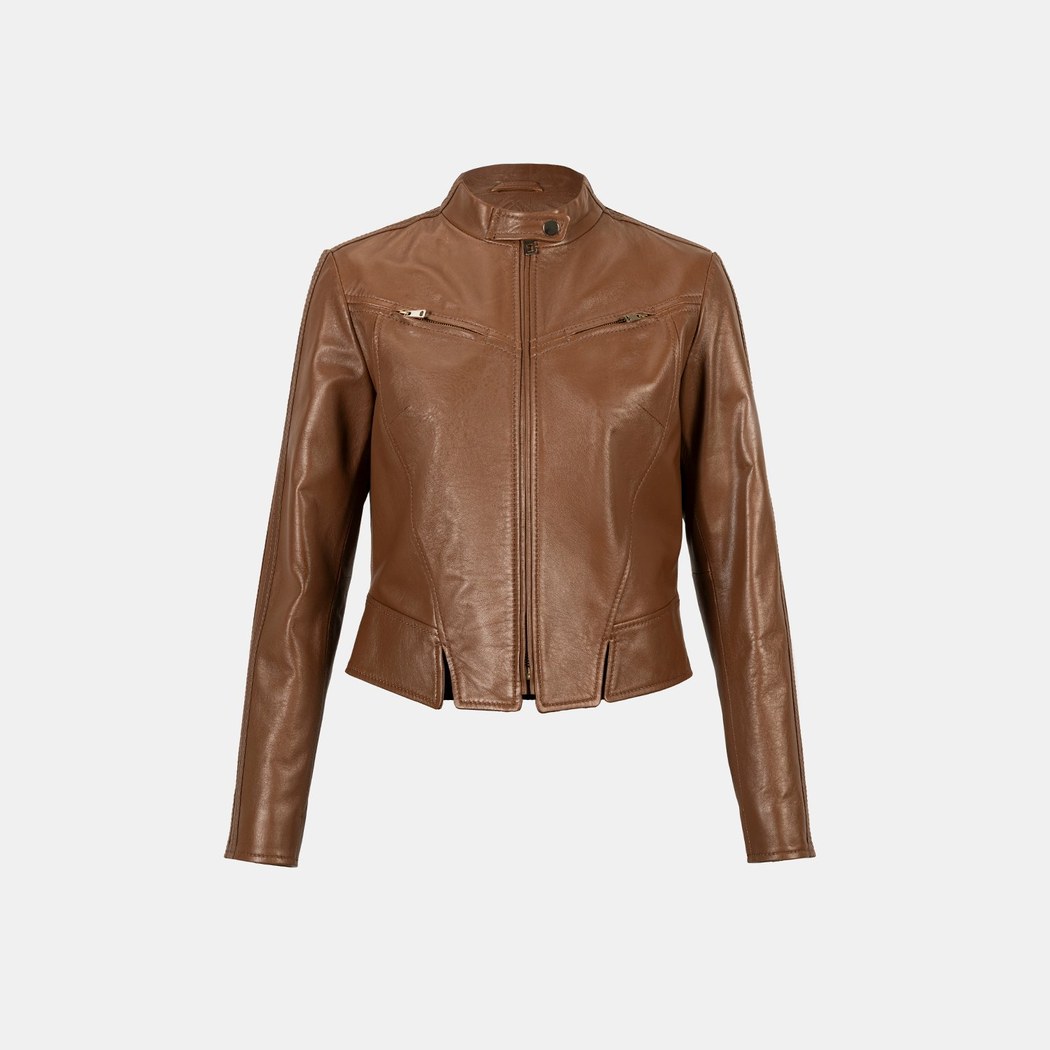 Kadın Taba Deri Biker Ceket