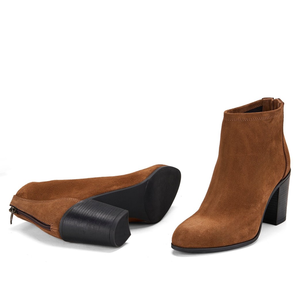 Kadın Taba Fermuarlı Topuklu Süet Bot