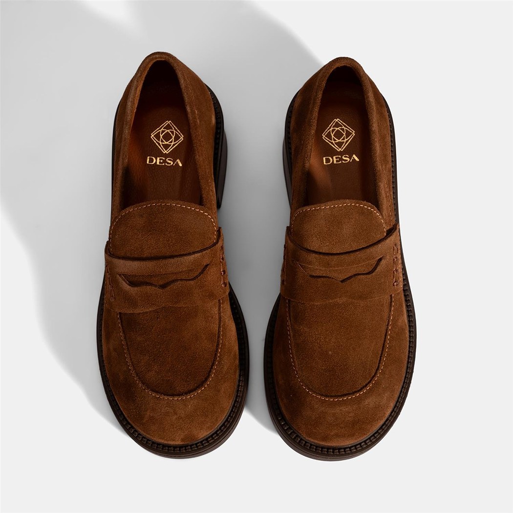 Kadın Taba Topuklu Süet Loafer