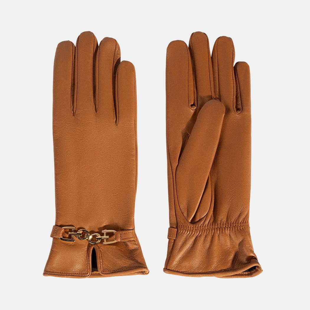 Kadın Taba Zincir Aksesuarlı Deri Eldiven