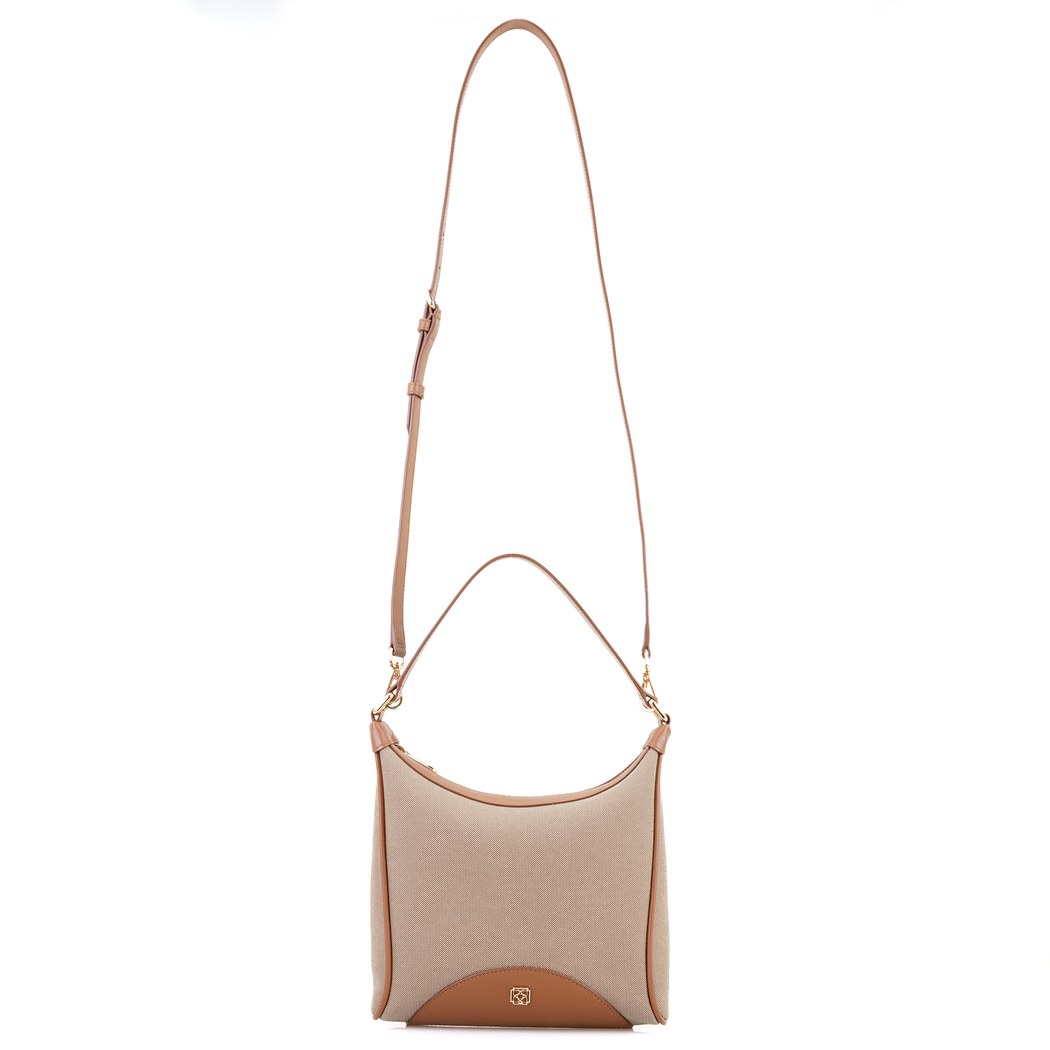 Kadın Ten Deri Biyeli Kanvas Omuz Çantası