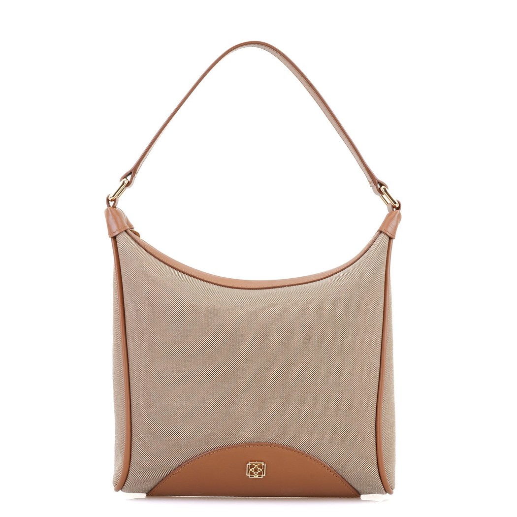 Kadın Ten Deri Biyeli Kanvas Omuz Çantası