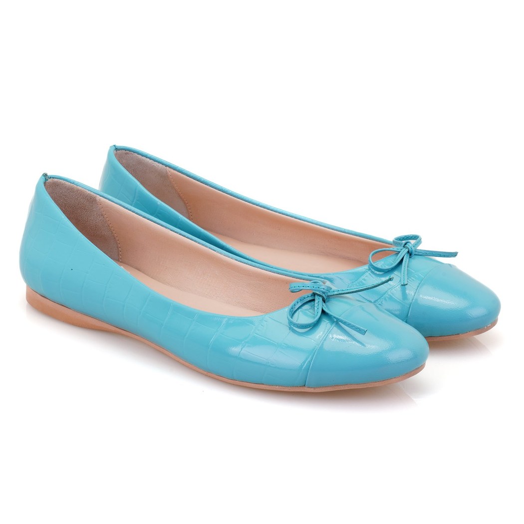 Kadın Turkuaz Kroko Baskılı Deri Babet