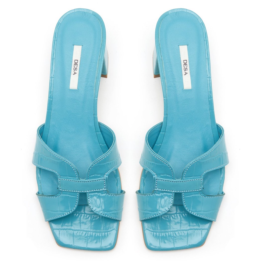 Kadın Turkuaz Kroko Baskılı Deri Terlik