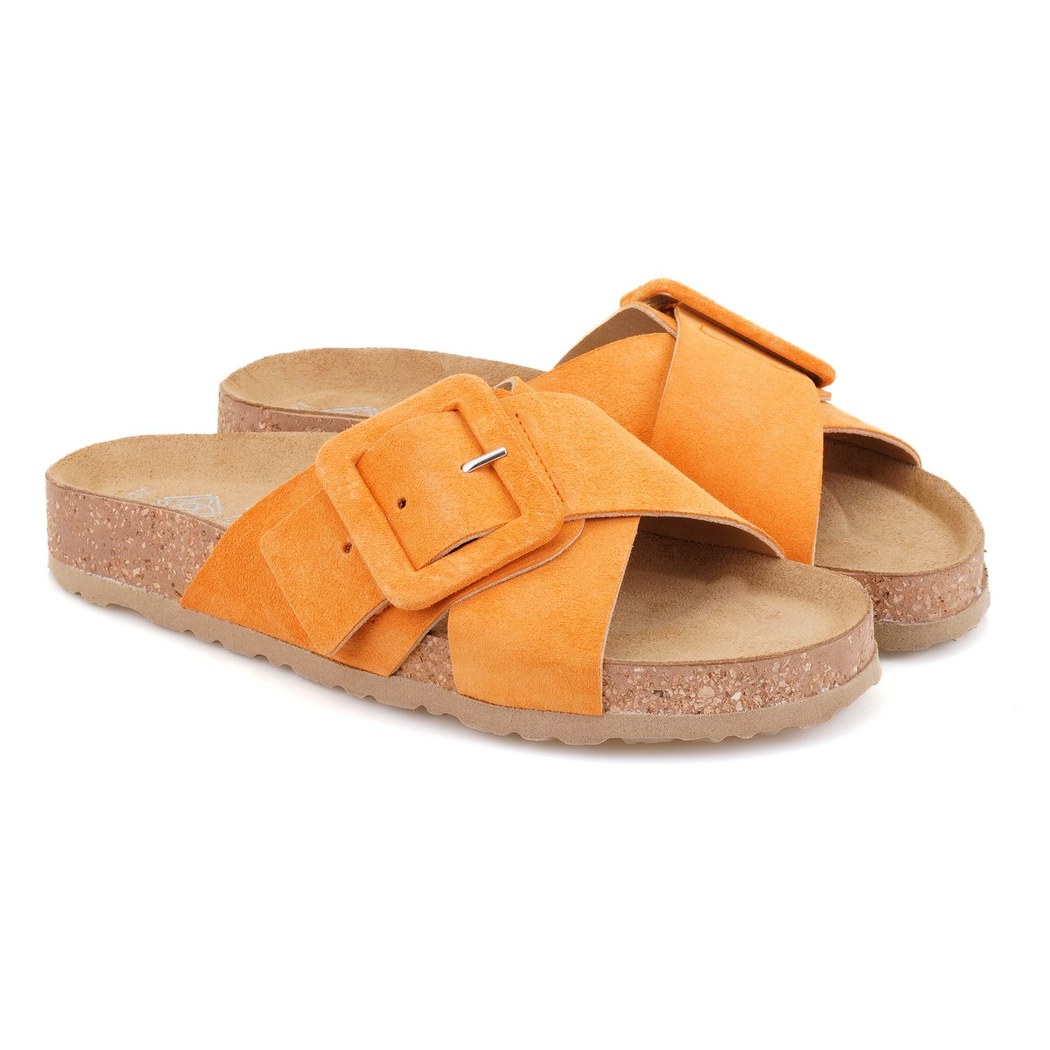 Kadın Turuncu Ayarlanabilir Süet Deri Terlik