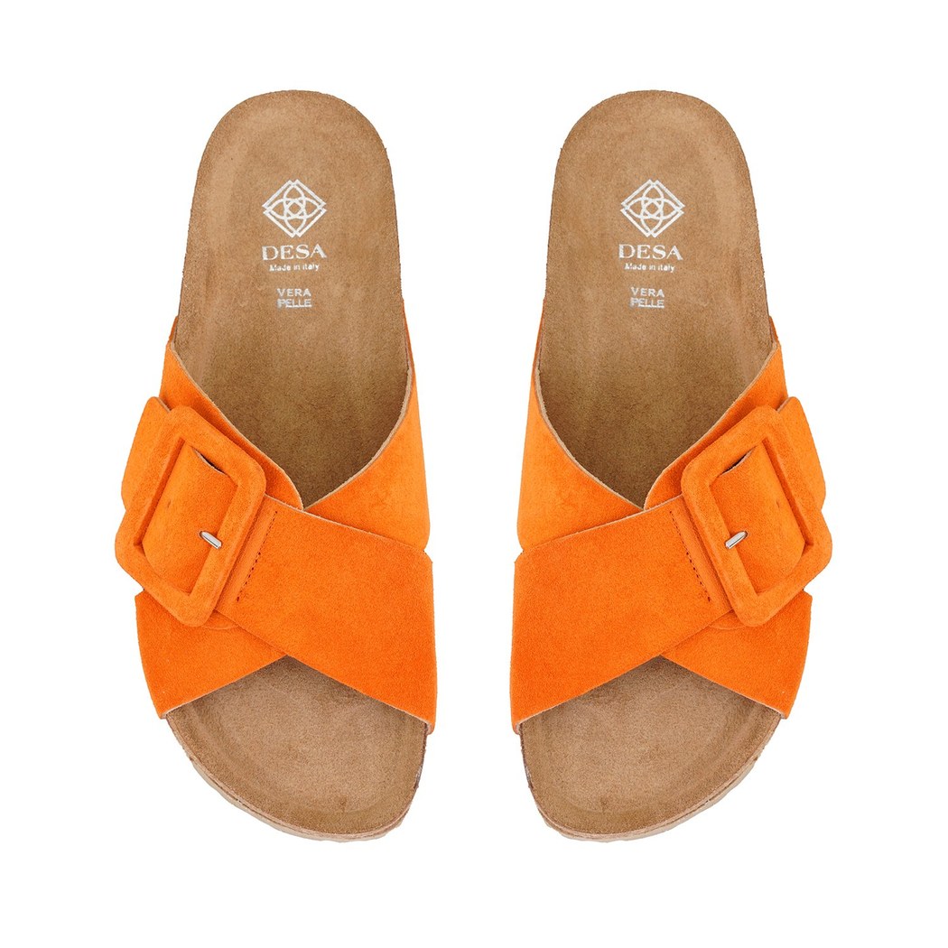 Kadın Turuncu Ayarlanabilir Tokalı Süet Deri Terlik