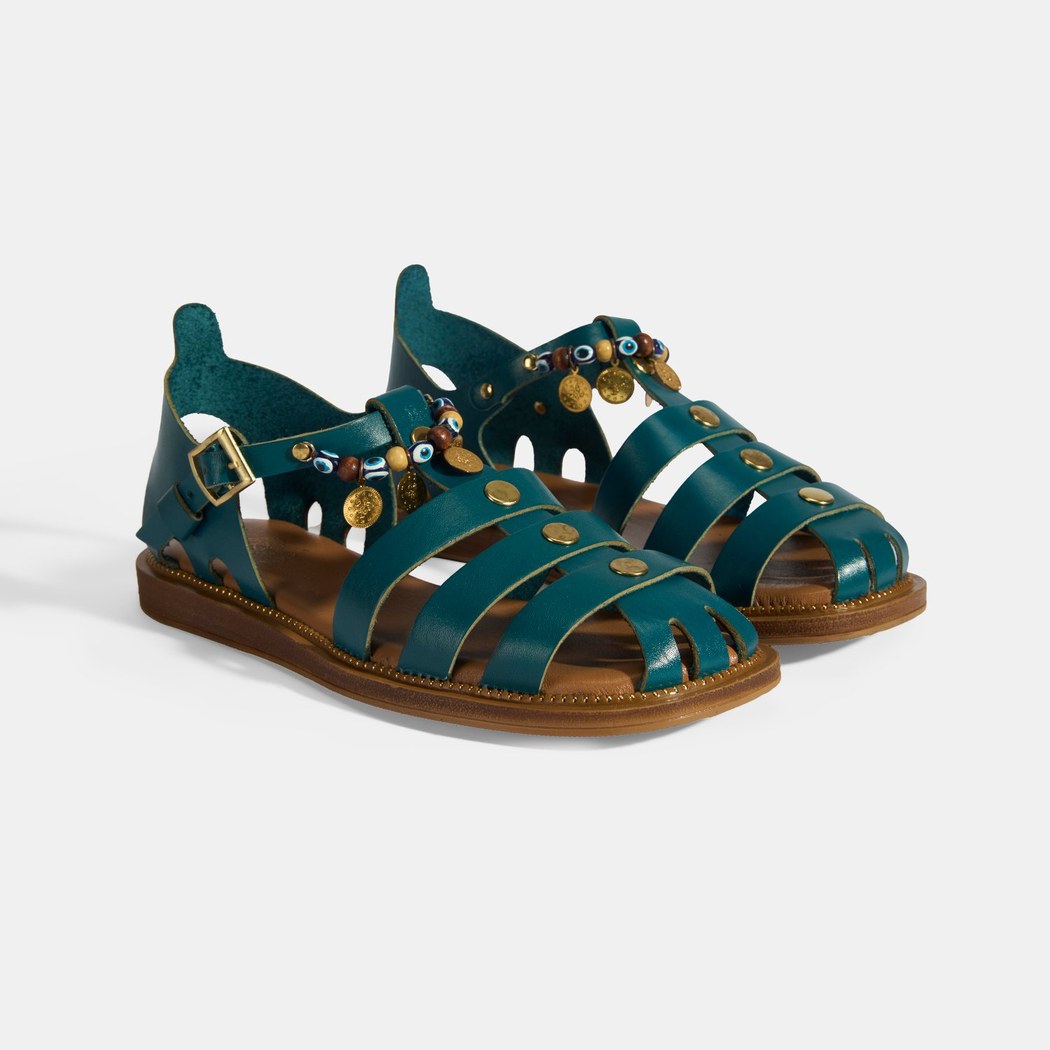 Kadın Yeşil Aksesuar Detaylı Ayarlanabilir Tokalı Deri Sandalet