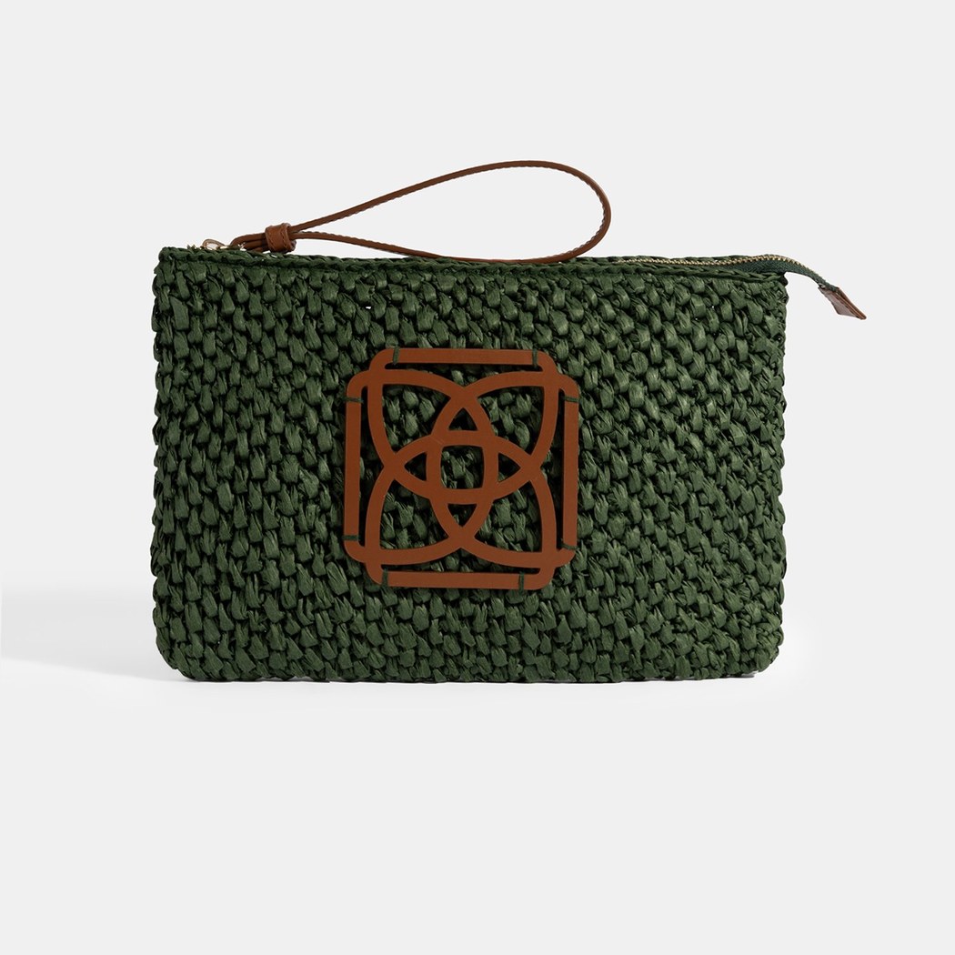 Kadın Yeşil Deri Detaylı Hasır El Çantası