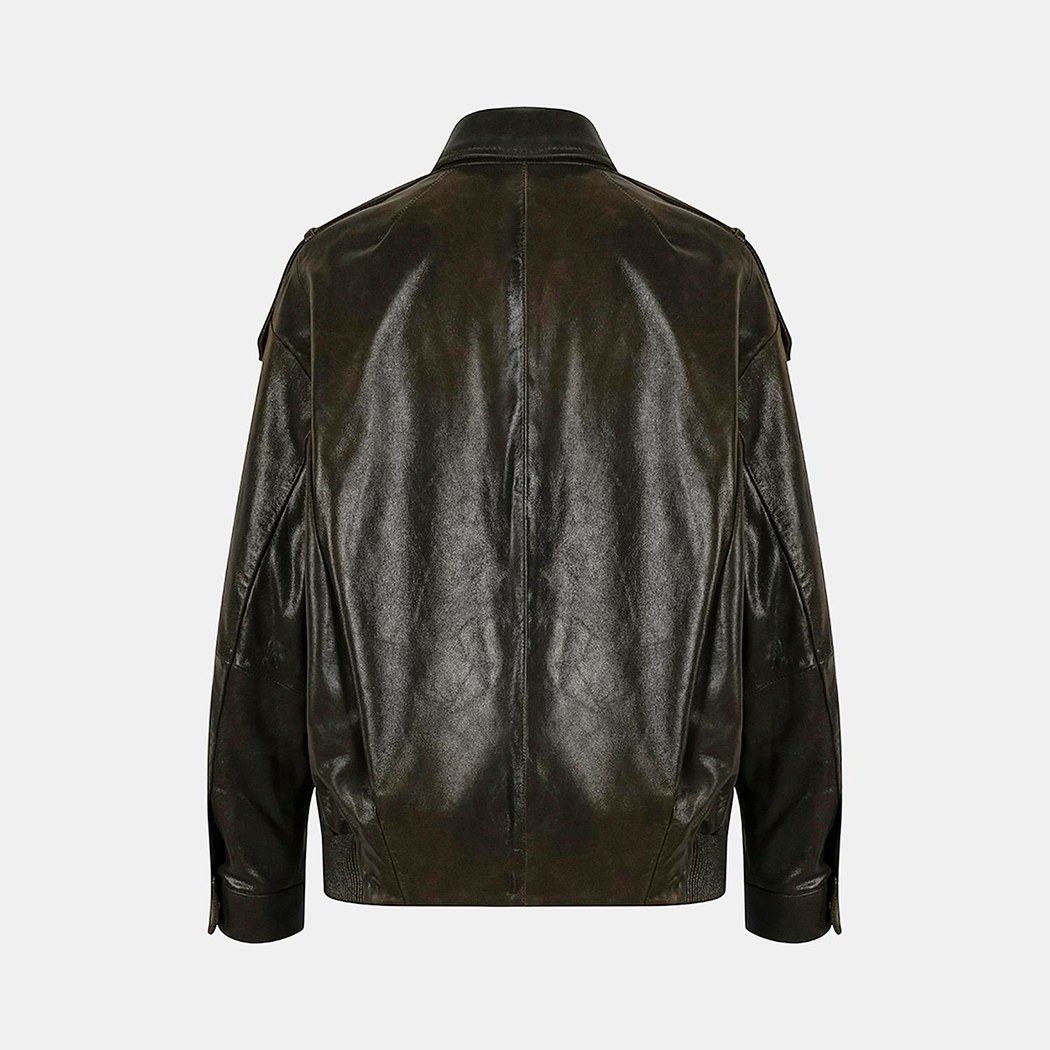 Kadın Yeşil Gömlek Yakalı Deri Bomber Ceket