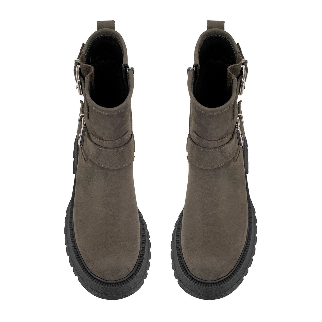 Kadın Yeşil Kemer Aksesuarlı Topuklu Deri Bot