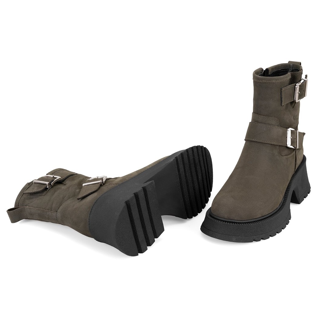 Kadın Yeşil Kemer Aksesuarlı Topuklu Deri Bot