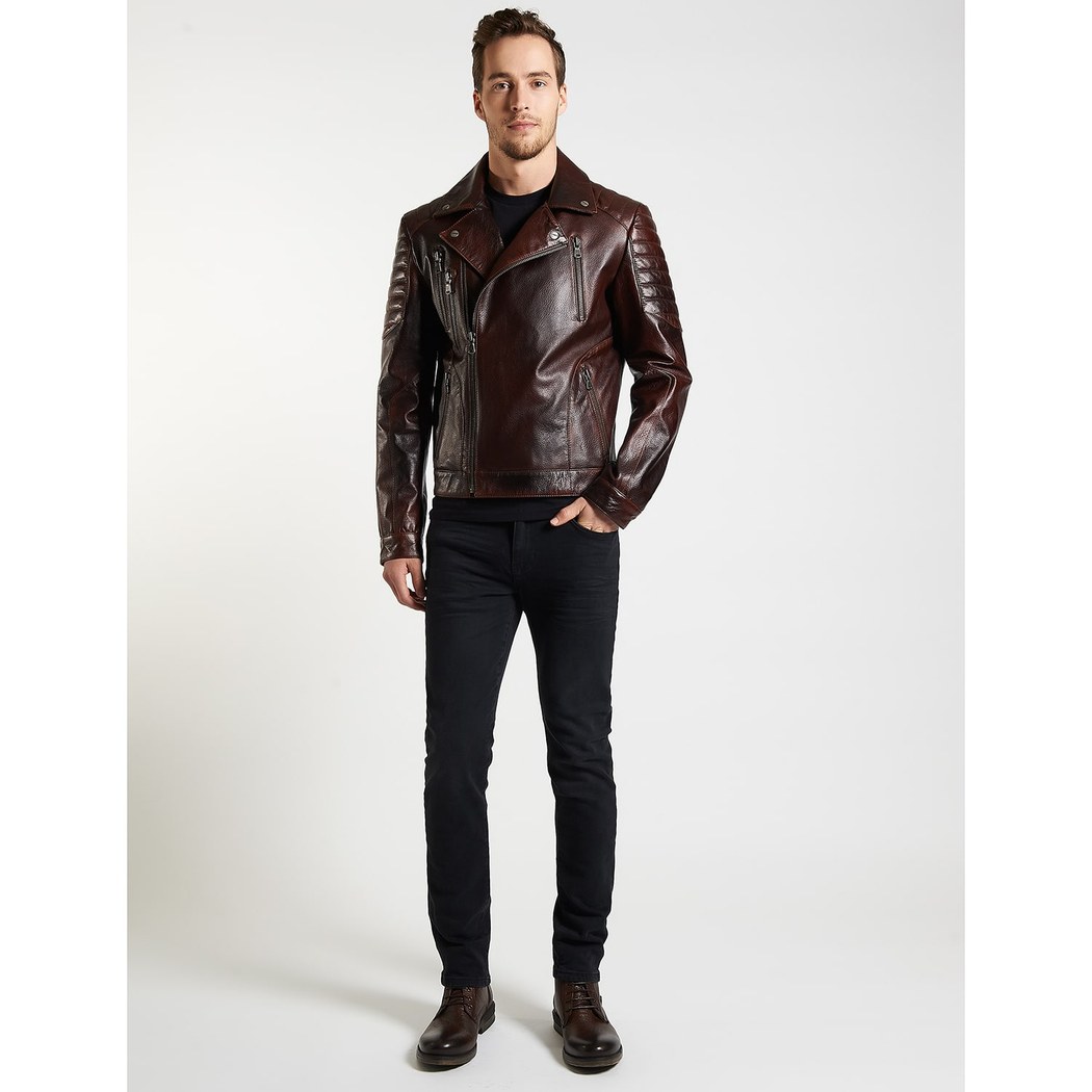 Kahve Bill Erkek Biker Deri Mont