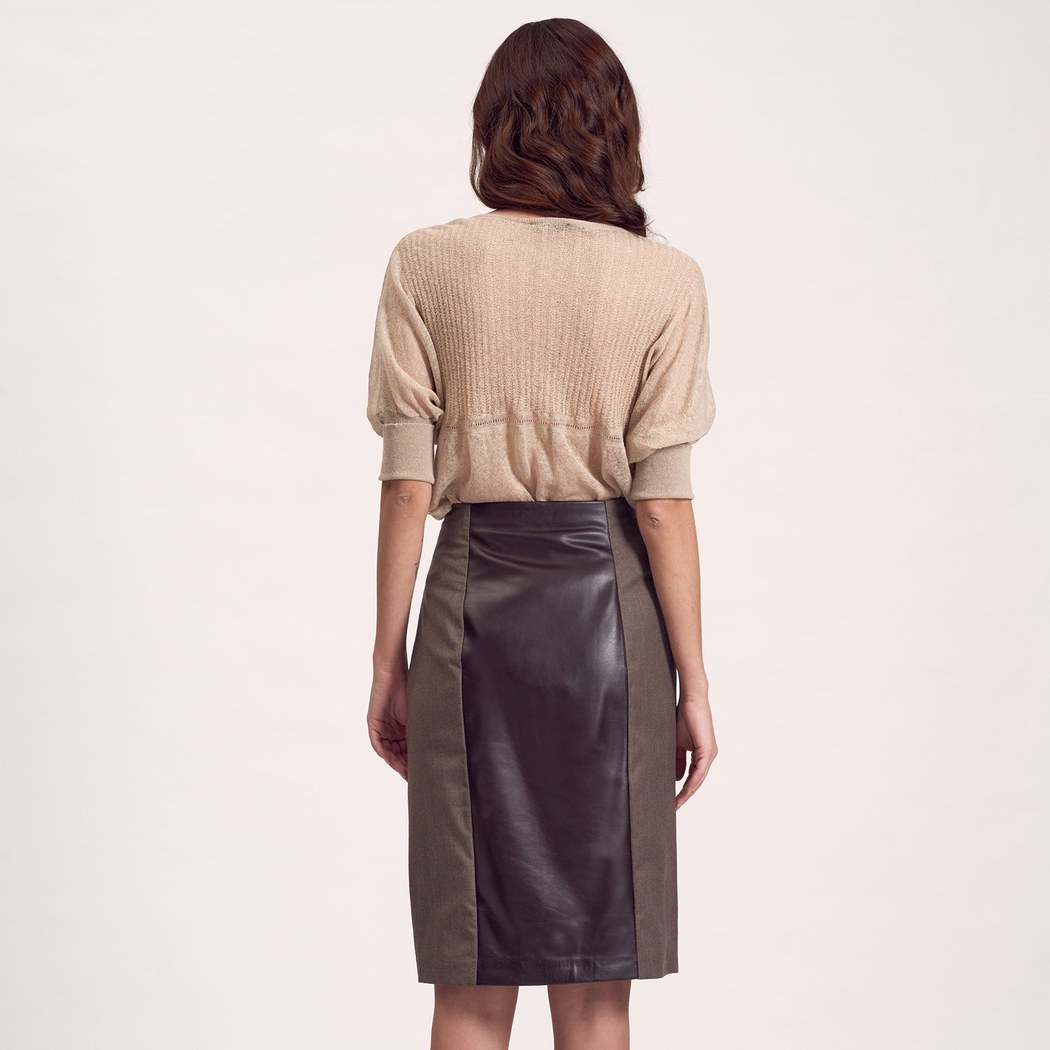 Kahve Deri Parçalı Kadın Etek