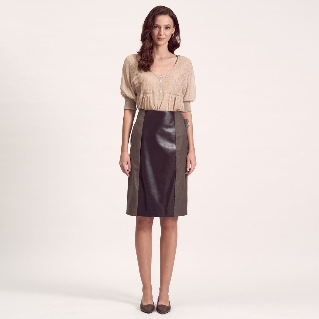 Kahve Deri Parçalı Kadın Etek