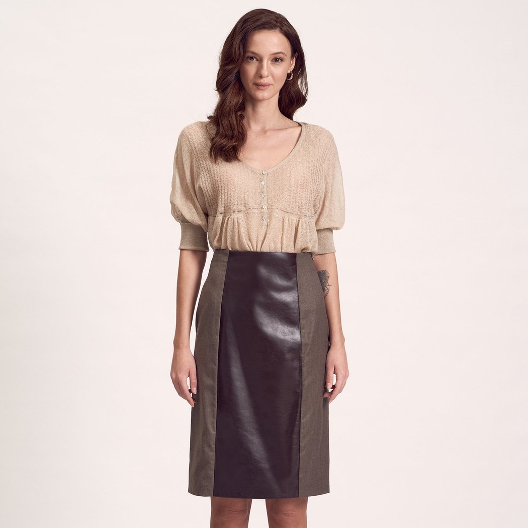 Kahve Deri Parçalı Kadın Etek