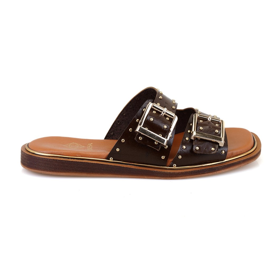 Kahve Kadın Ayarlanabilir Tokalı Deri Terlik