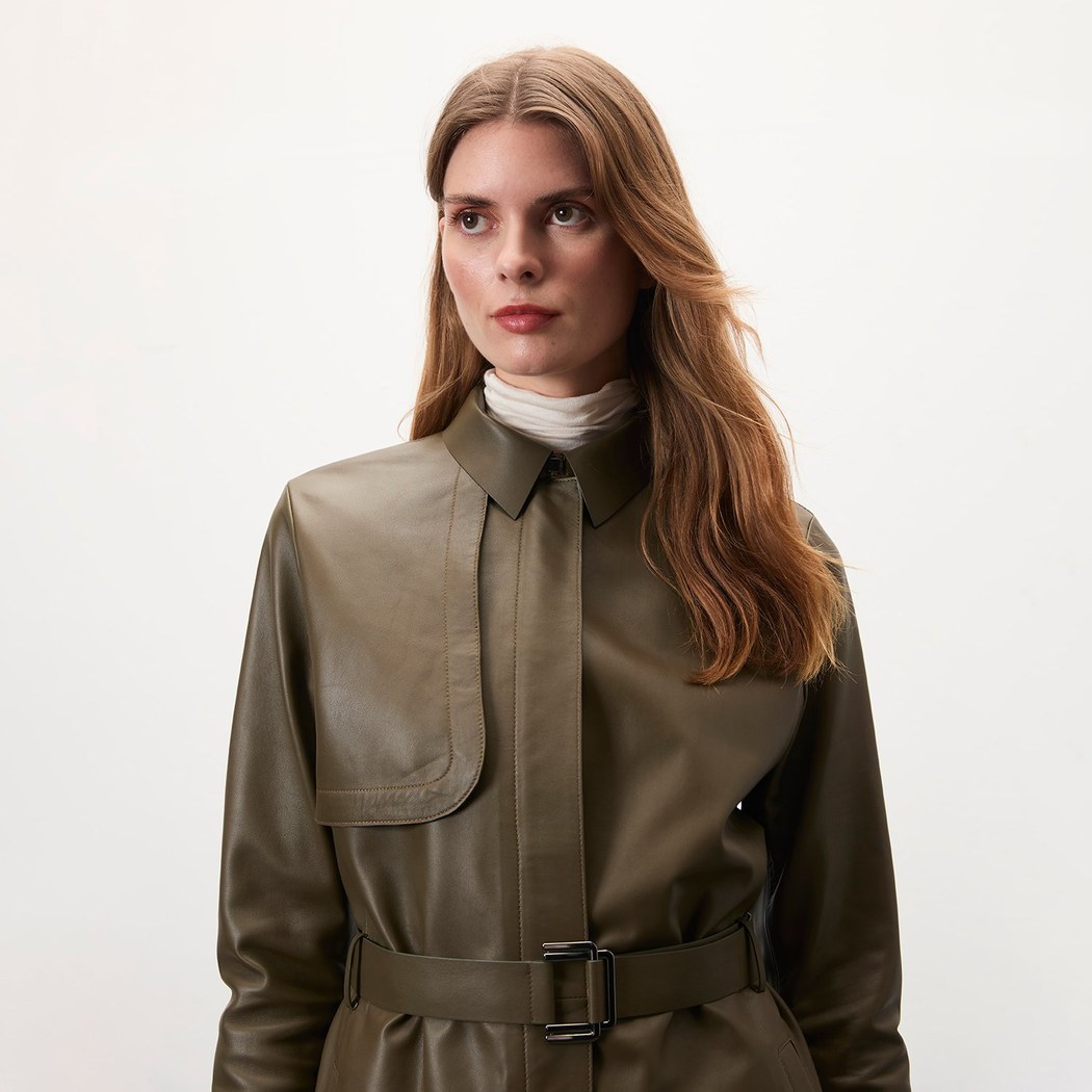 Kelly Yeşil Kadın Deri Trençkot