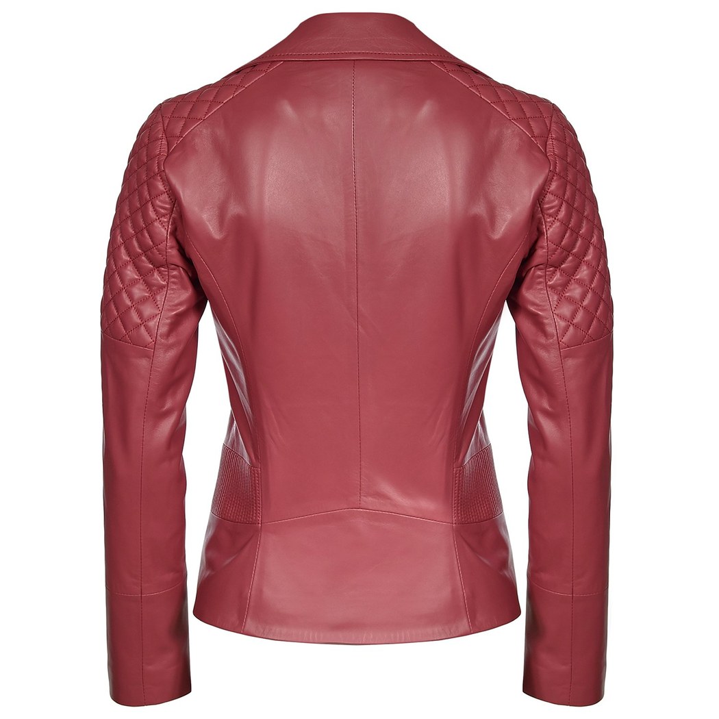 Kırmızı Delma Kadın Deri Biker Mont