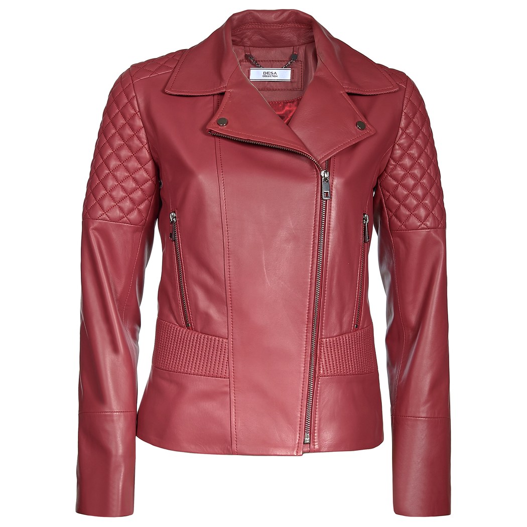 Kırmızı Delma Kadın Deri Biker Mont