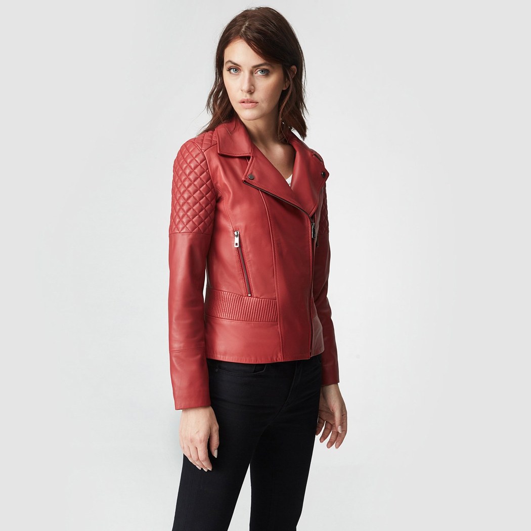 Kırmızı Delma Kadın Deri Biker Mont