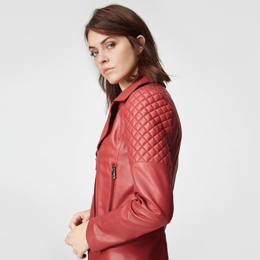 Kırmızı Delma Kadın Deri Biker Mont