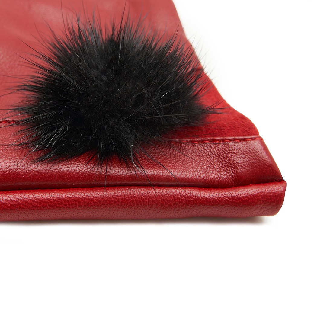 Kırmızı Kadın Kürk Detaylı Deri Eldiven