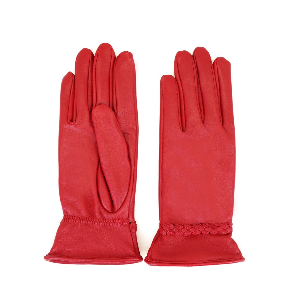 Kırmızı Kadın Örgülü Deri Eldiven