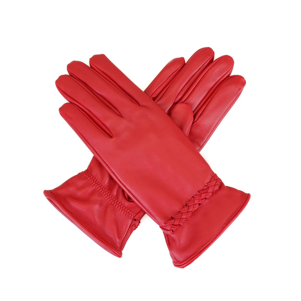 Kırmızı Kadın Örgülü Deri Eldiven
