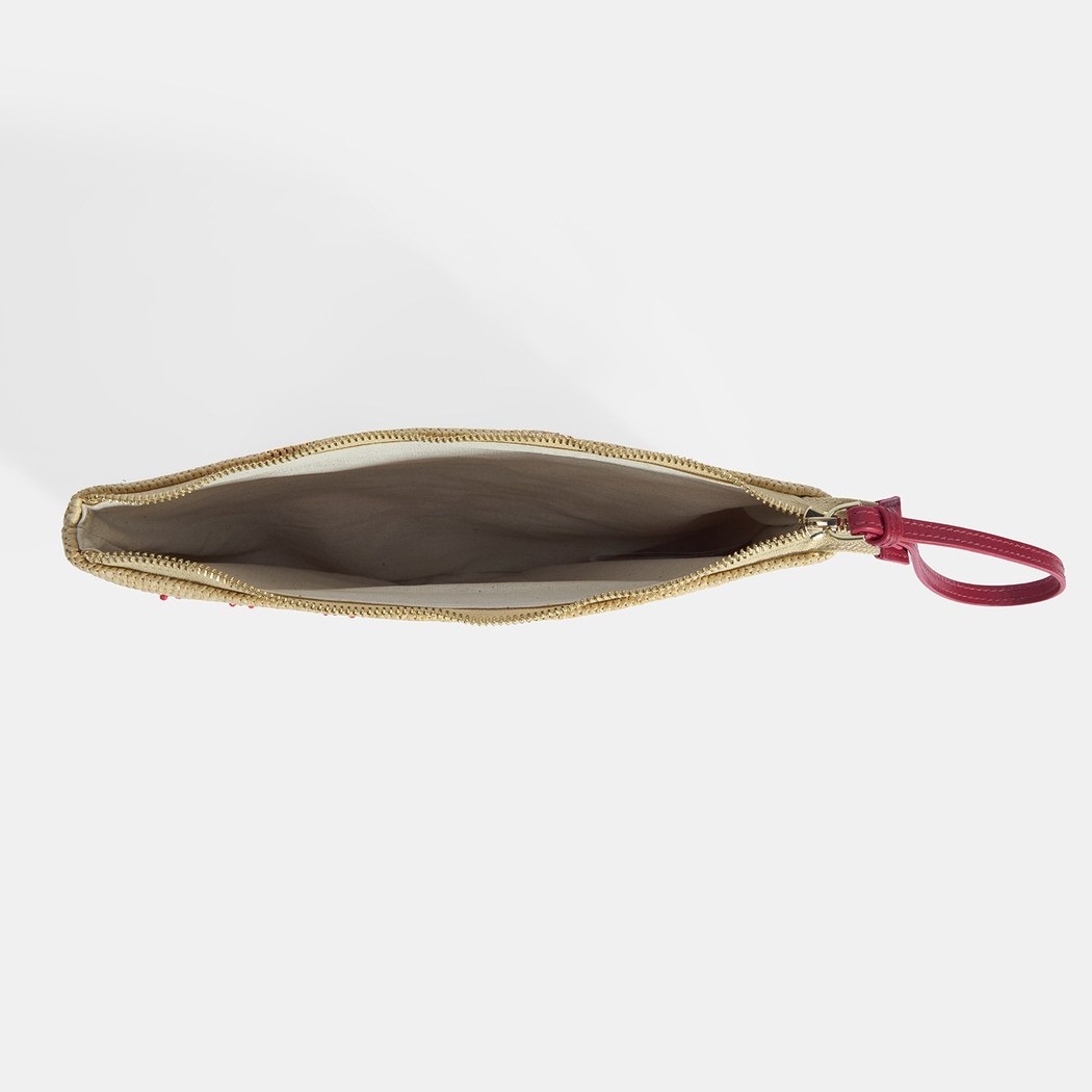 Kırmızı Mercan Nakışlı Hasır Clutch