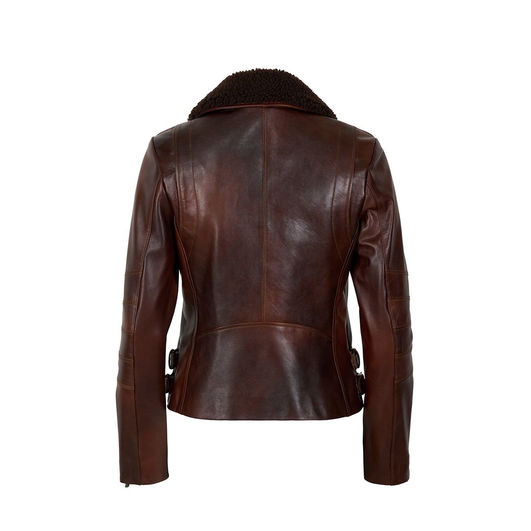 Klavine Kahve Kürk Yakalı Kadın Deri Ceket