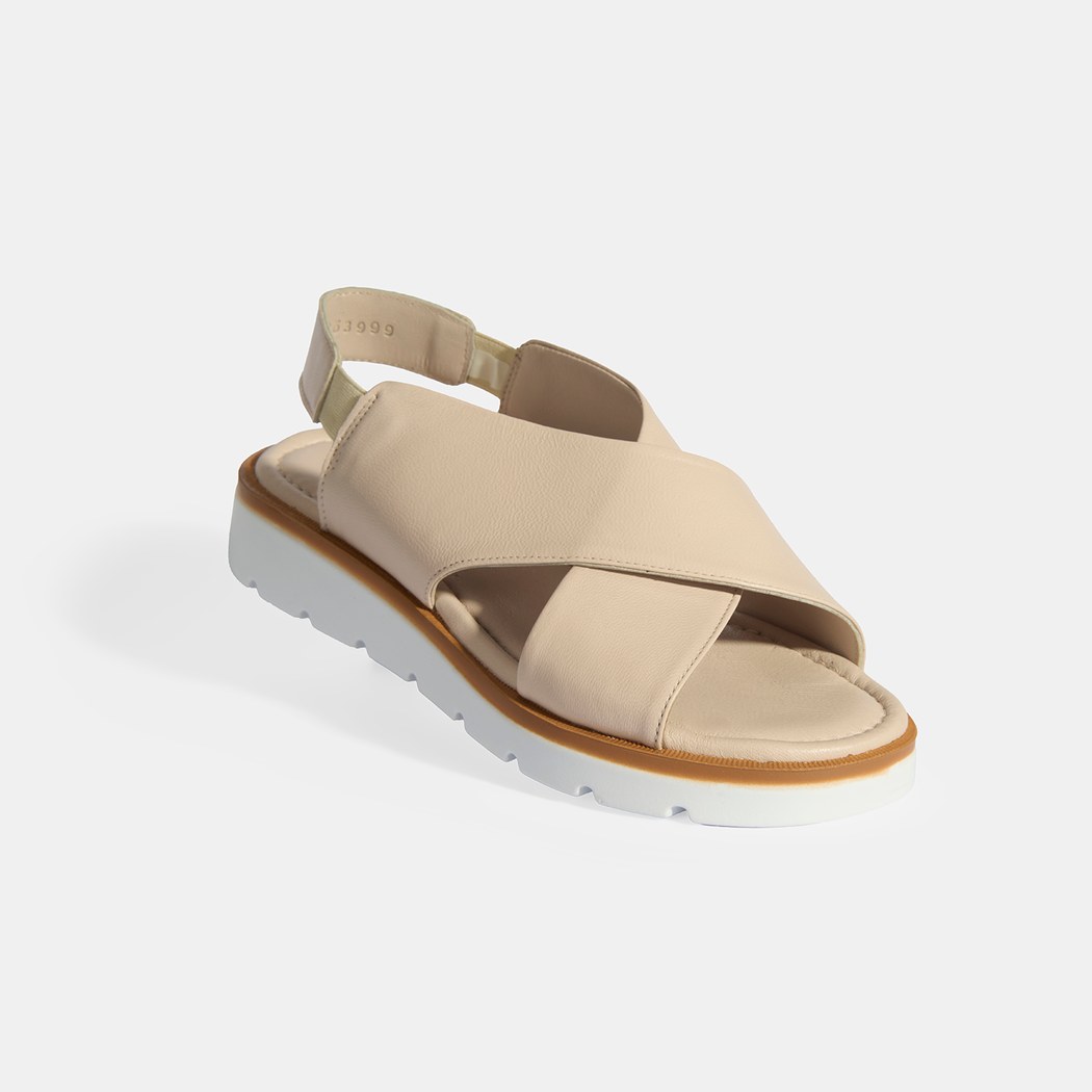 Krem Kadın Lastik Bantlı Deri Sandalet