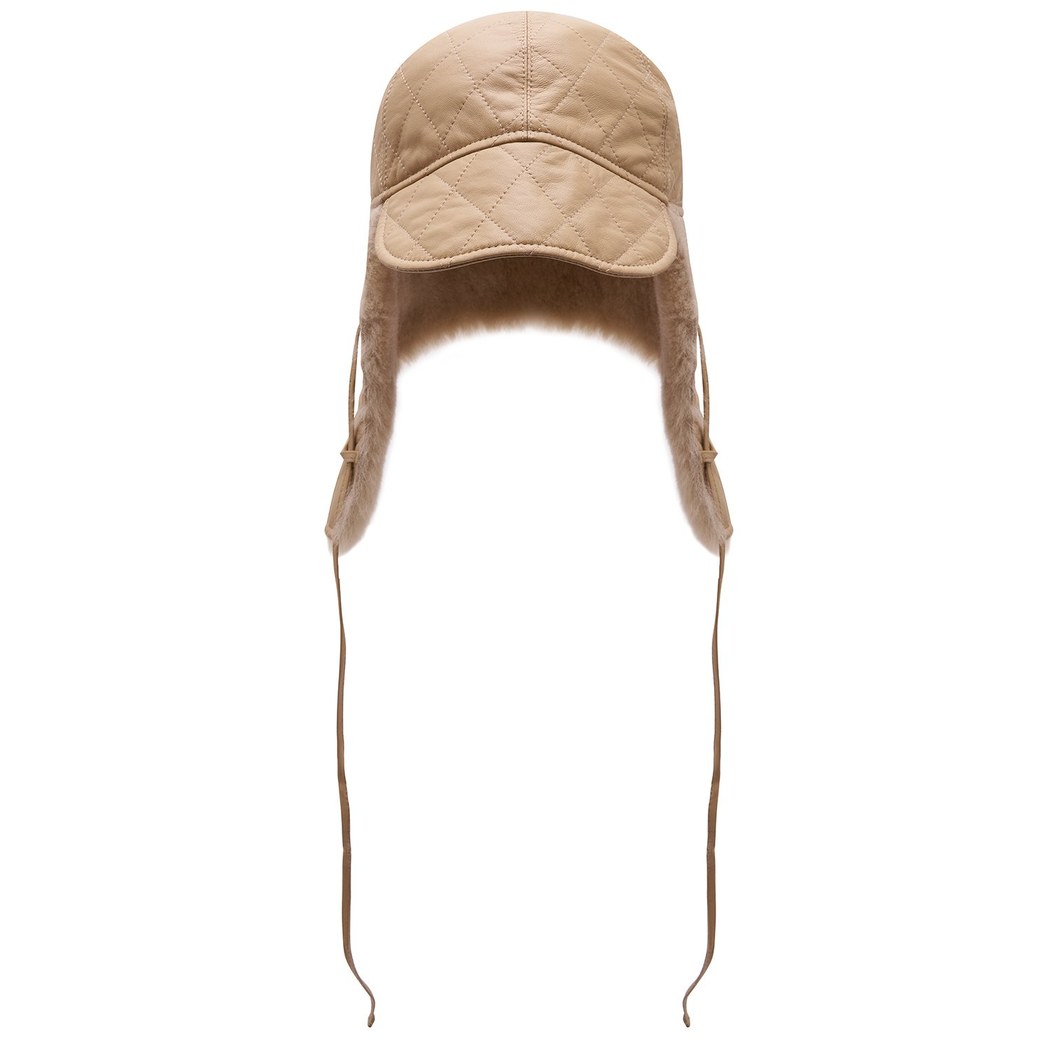 Lave Bej Kadın Kürklü Deri Pilot Şapka