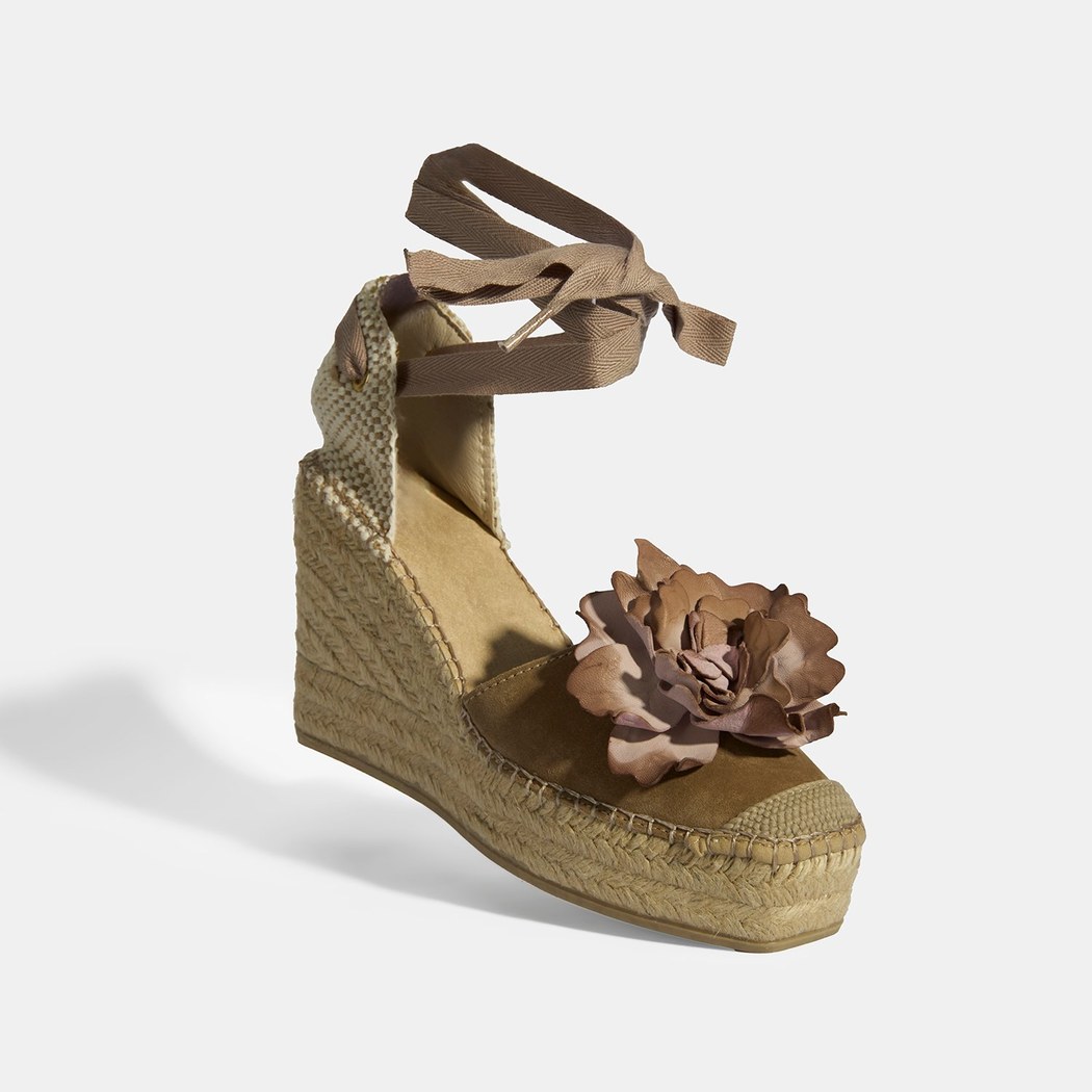 Limited Edition Bej Kadın Çiçek Aksesuarlı Jüt Bağcıklı Dolgu Topuklu Süet Espadril