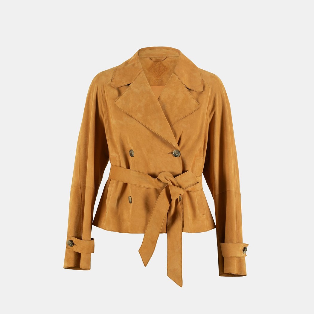 Limited Edition Kadın Turuncu Belden Bağlamalı Süet  Kısa Trençkot