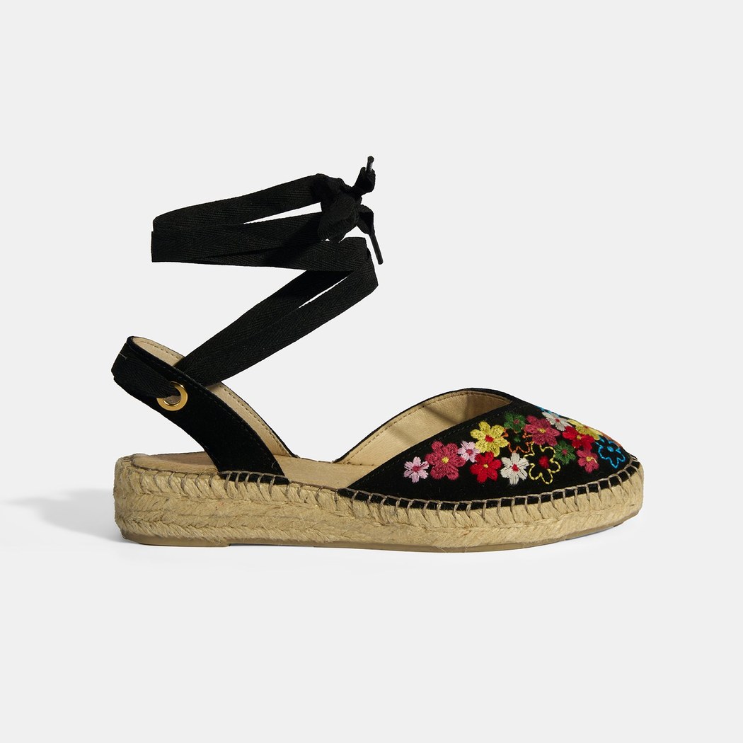 Limited Edition Siyah Kadın Çiçek Nakışlı Jüt Bağcıklı Slingback Espadril