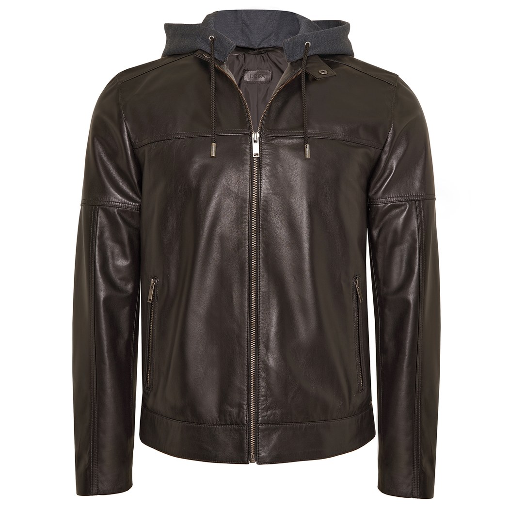 Luigi Kahve Erkek Deri Kapüşonlu Mont