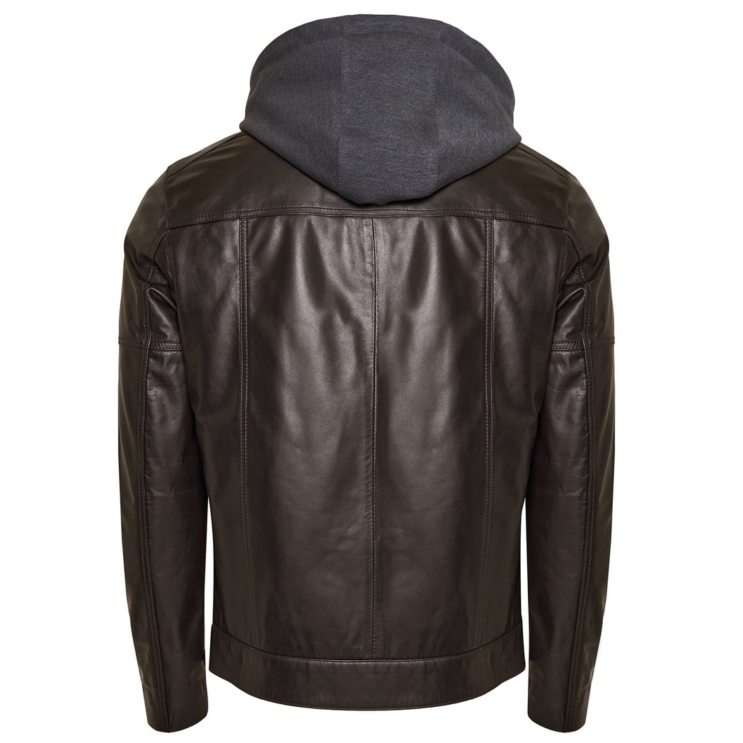 Luigi Kahve Erkek Deri Kapüşonlu Mont