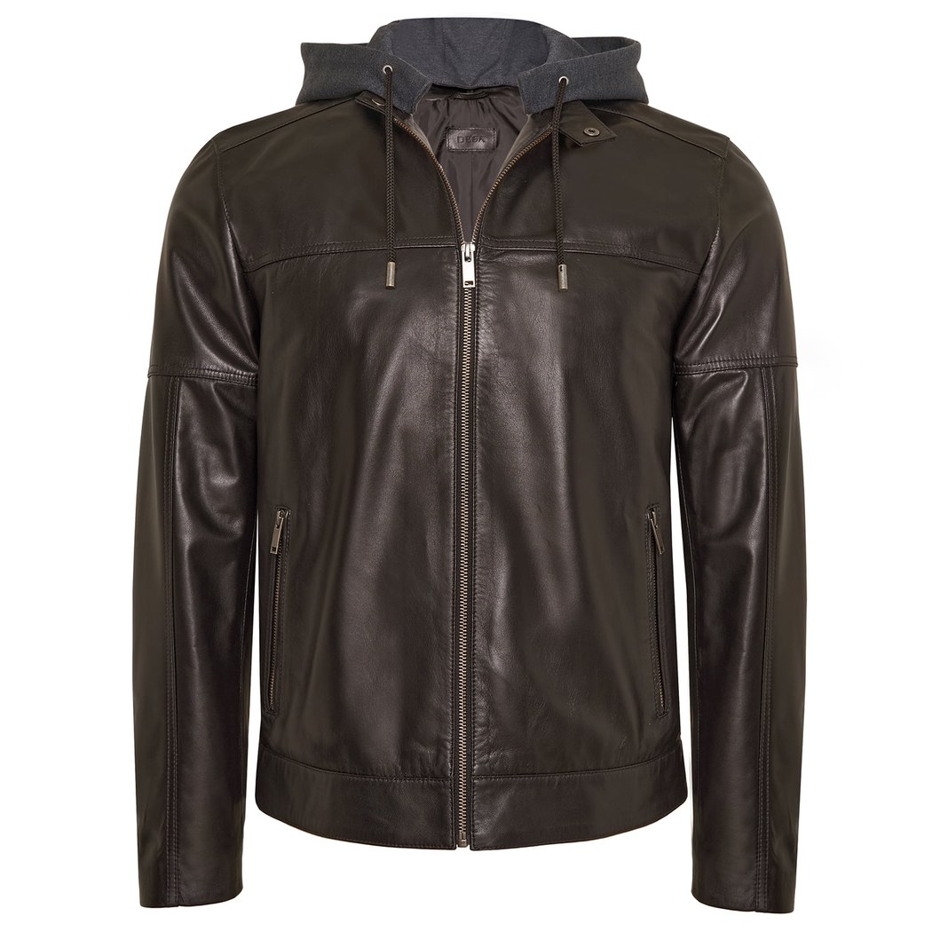 Luigi Kahve Erkek Deri Kapüşonlu Mont