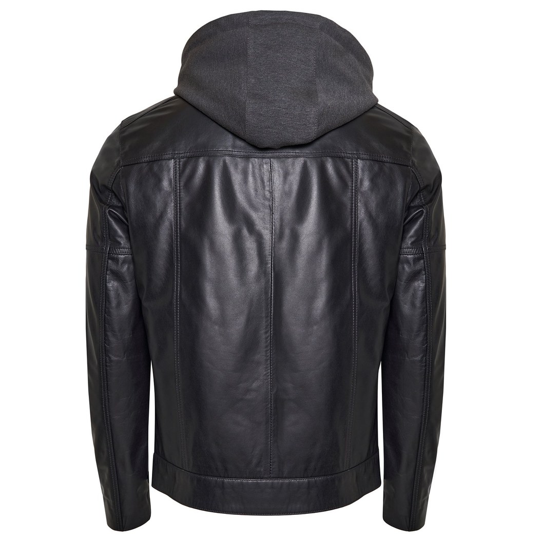 Luigi Siyah Erkek Deri Kapüşonlu Mont