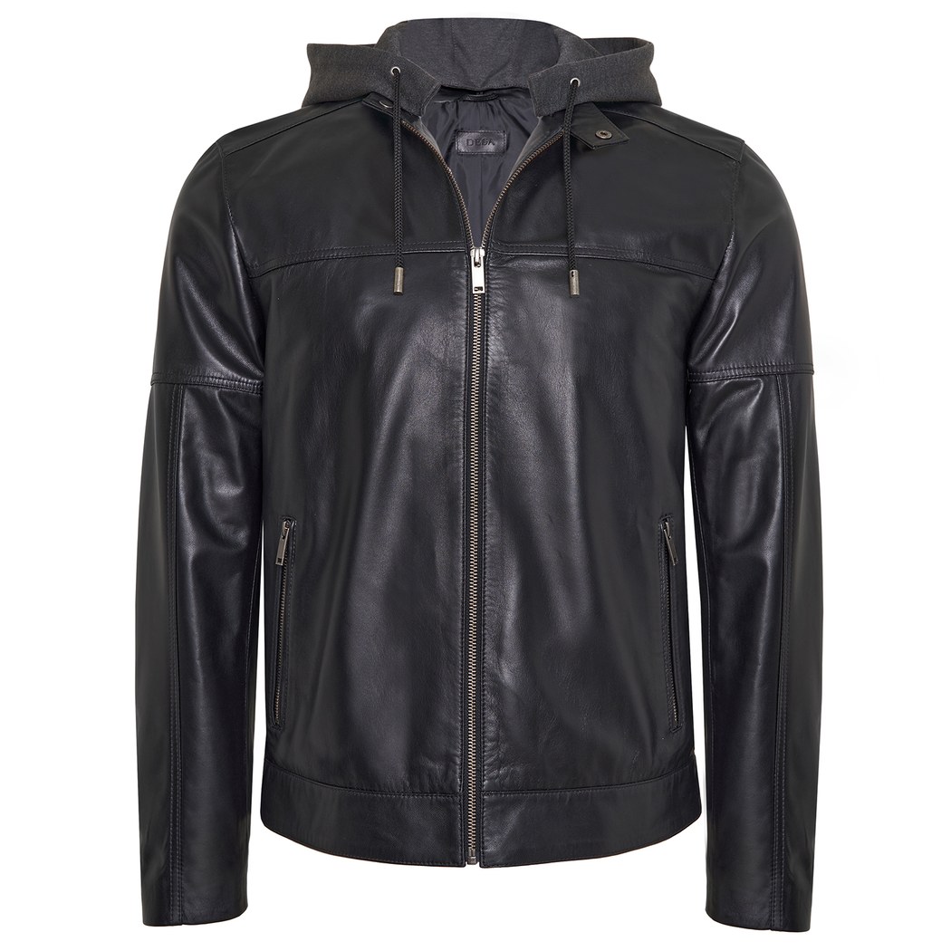 Luigi Siyah Erkek Deri Kapüşonlu Mont