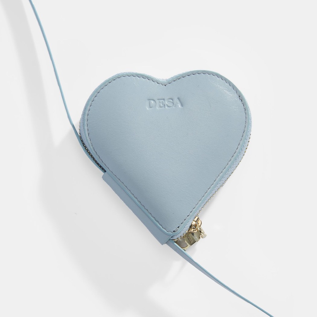 Mavi Kalp Figürlü Mini Askılı Deri Cüzdan