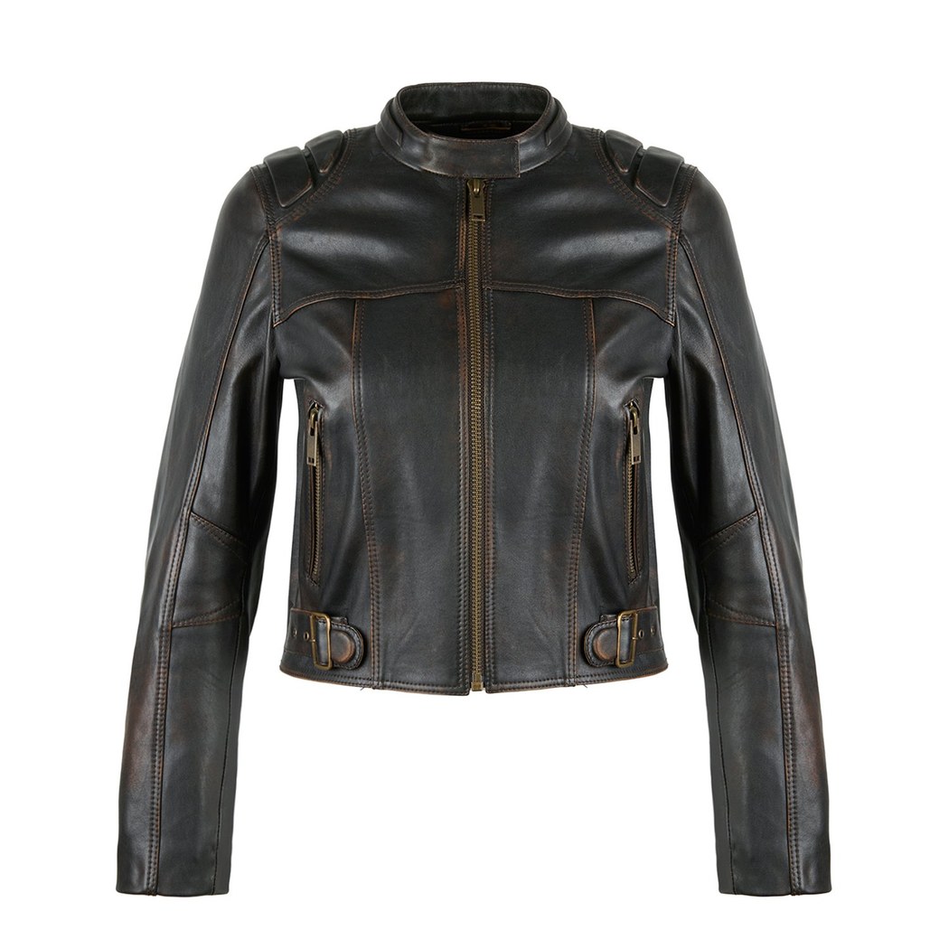 Meline Kahve Kadın Deri Biker Ceket