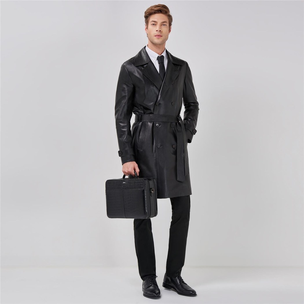 Montay Erkek Deri Uzun Trençkot