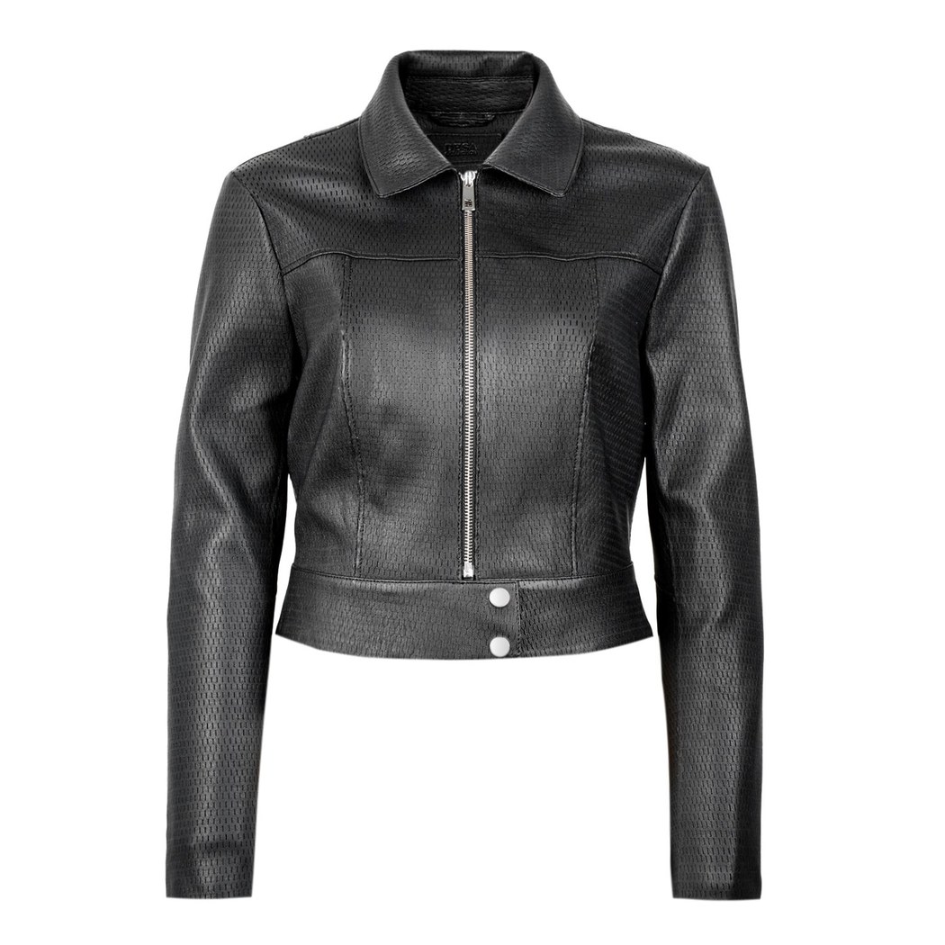 Ninfe Vintage Siyah Kadın Streç Deri Ceket